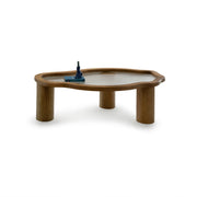 The Jamie Coffee Table in wood and lined glass, a sleek glass top wood coffee table combining modern design with natural materials.